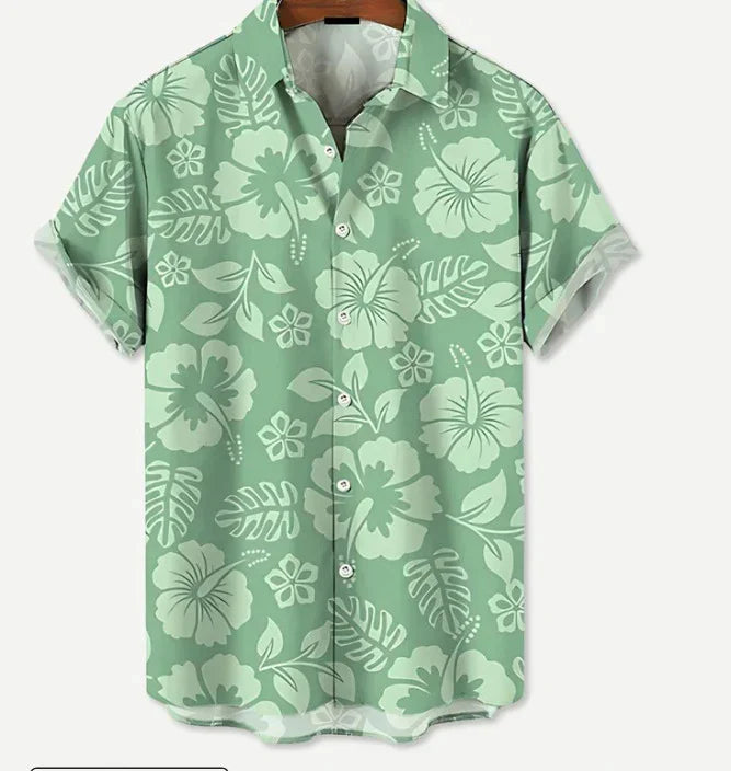 Green short-sleeve Hawaiian shirt with light green hibiscus floral and leaf print, button-down collar