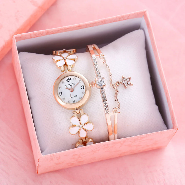 Rose gold women's quartz watch and rhinestone star bracelet gift set in pink box
