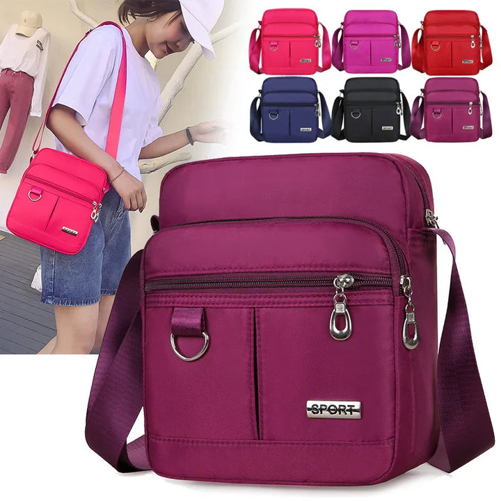 Compact sporty crossbody bags in various colors with zippered compartments, modeled by a woman in casual outfit
