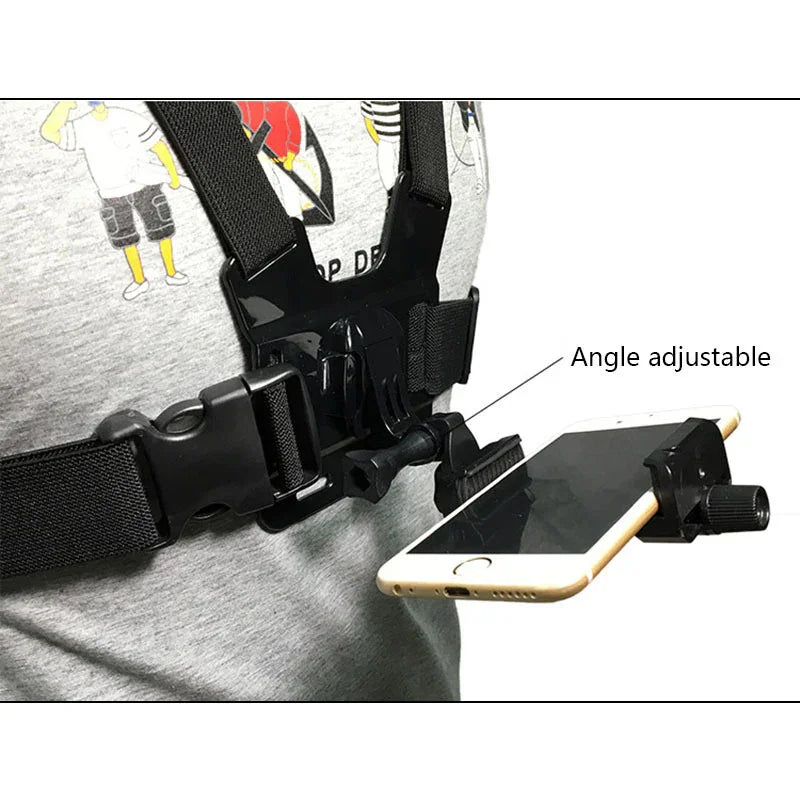 Chest mount adjustable phone holder harness worn on gray t-shirt