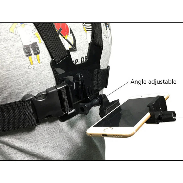 Chest mount adjustable phone holder harness worn on gray t-shirt