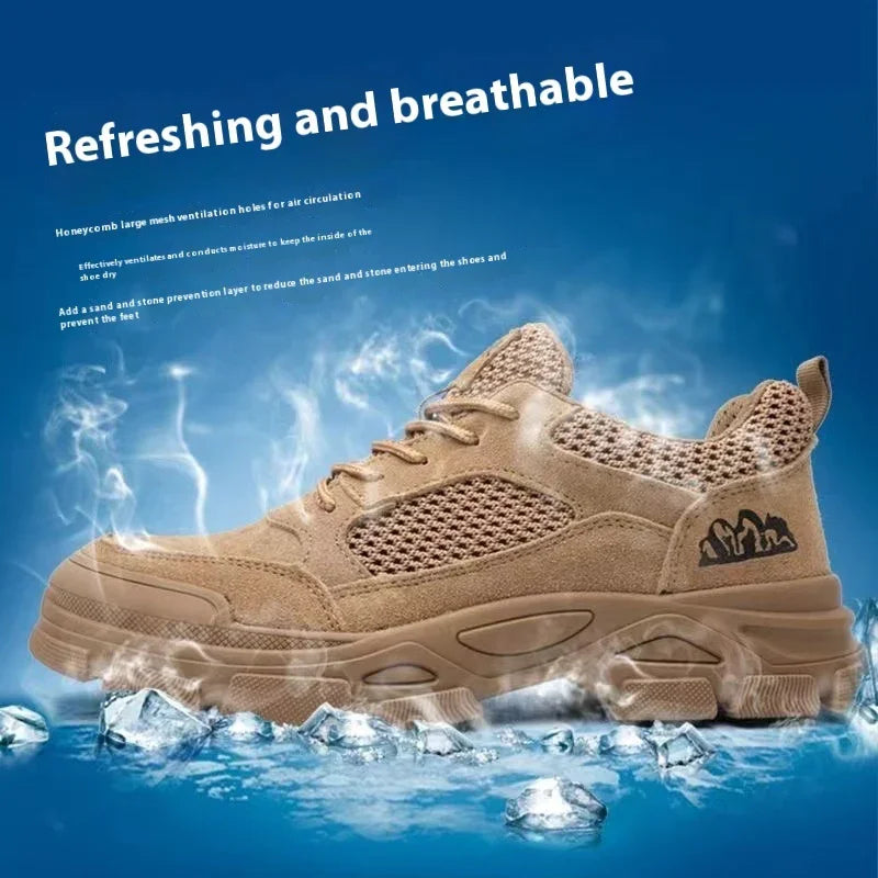 Beige breathable mesh hiking shoe with honeycomb ventilation and rugged sole on ice background