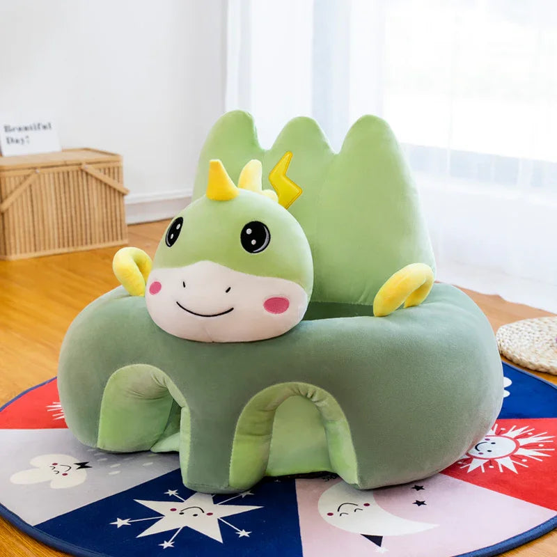 Green plush dinosaur kids chair with yellow horns on colorful star and moon rug in bright room