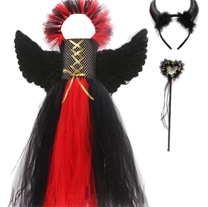 Black and red devil costume dress with black wings, horned headband, and heart-shaped wand