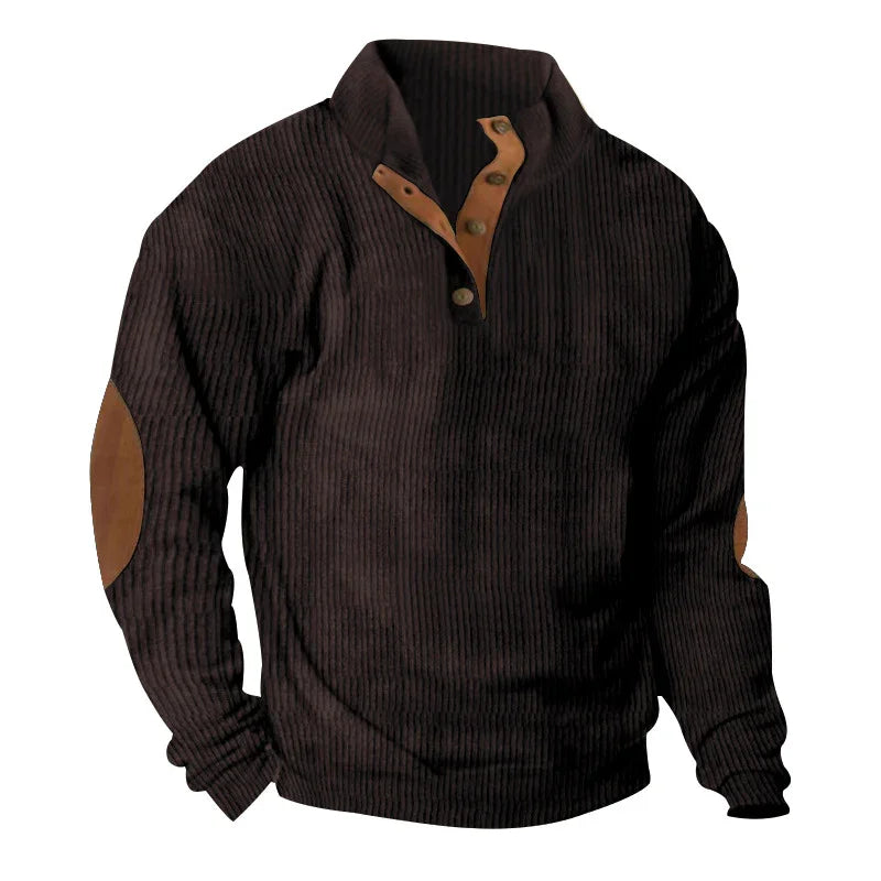 brown corduroy pullover sweater with tan elbow patches and buttoned collar