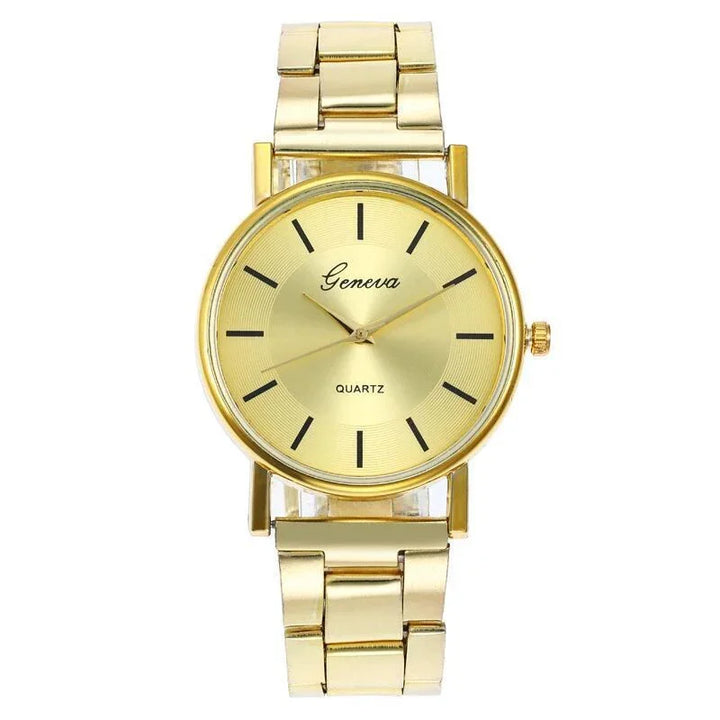 Gold Geneva quartz wristwatch with minimalist dial and metal link bracelet