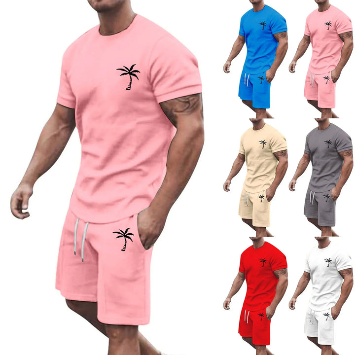 Men's casual short sleeve t-shirt and shorts sets in pink, blue, beige, gray, red, and white with palm tree print