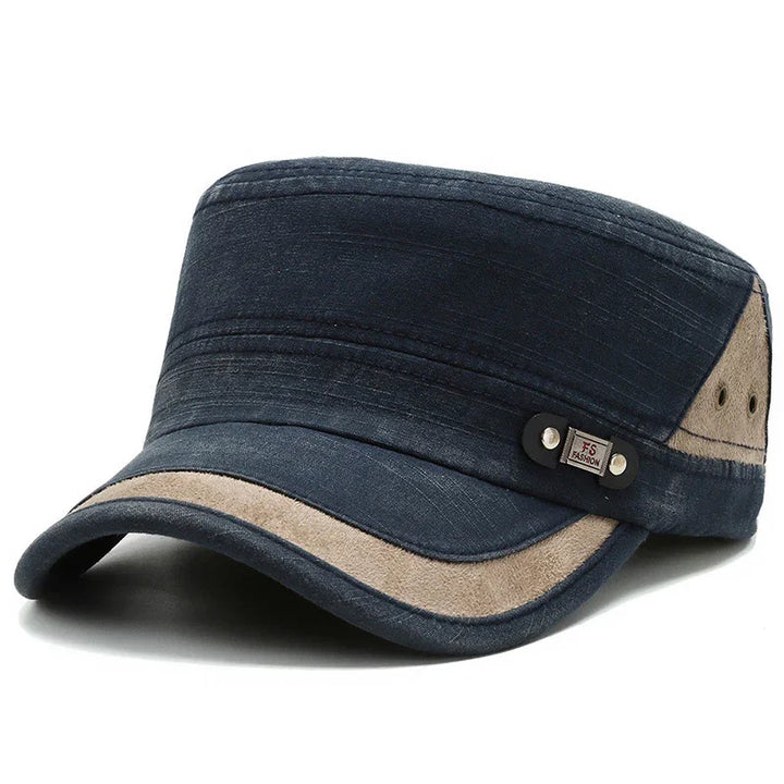 Stylish black and beige cotton military cap with decorative metal tag and ventilation holes
