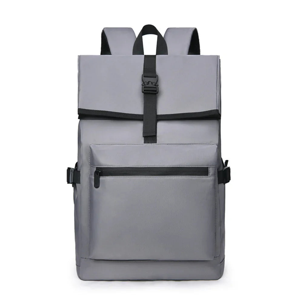 Modern gray backpack with front zipper pocket and black buckle strap closure