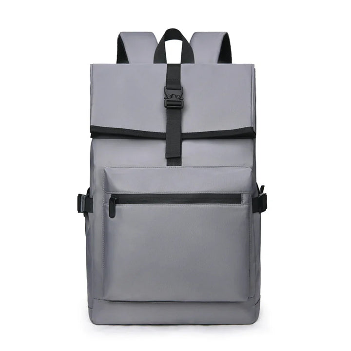 Modern gray backpack with front zipper pocket and black buckle strap closure