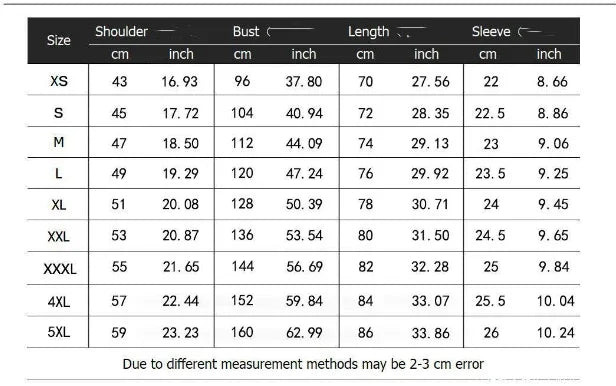 Clothing size chart displaying shoulder, bust, length, and sleeve measurements in cm and inches for sizes XS to 5XL