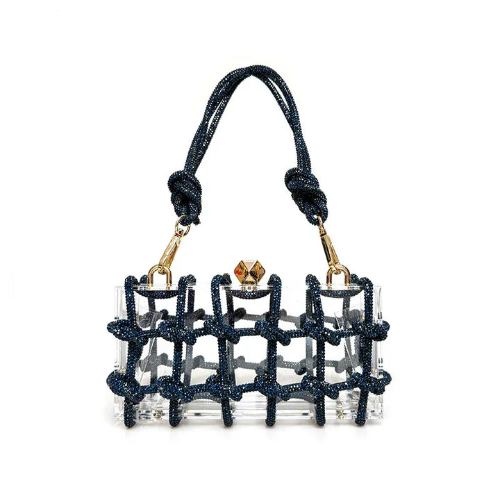 Transparent acrylic clutch bag wrapped with knotted black beaded rope and gold hardware handle