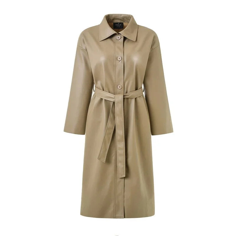 Beige faux leather long coat with belt and buttons, featuring a classic collar and wide sleeves