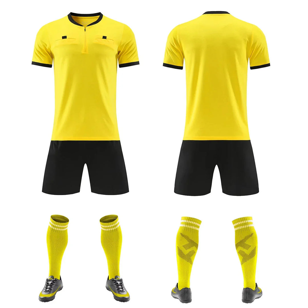 Front and back views of yellow and black soccer uniform set with yellow socks and black cleats