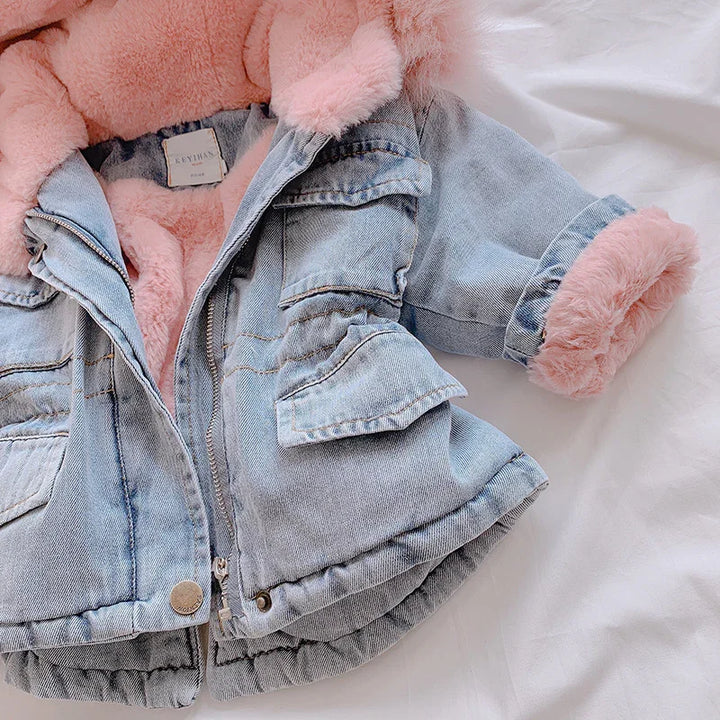 Light blue denim jacket with soft pink faux fur lining and cuffs on white background