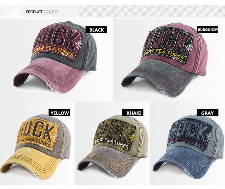 Five distressed baseball caps in black, burgundy, yellow, khaki, and gray with 'ROCK SHOW FEATURES' embroidered patch