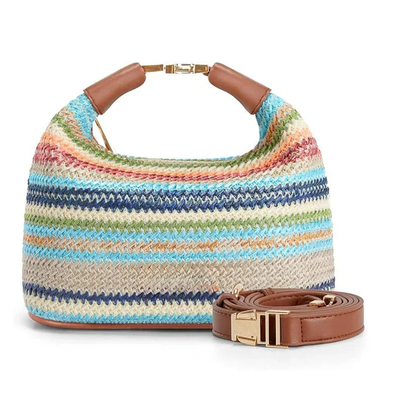 Colorful striped crochet shoulder bag with brown leather handles and matching detachable strap