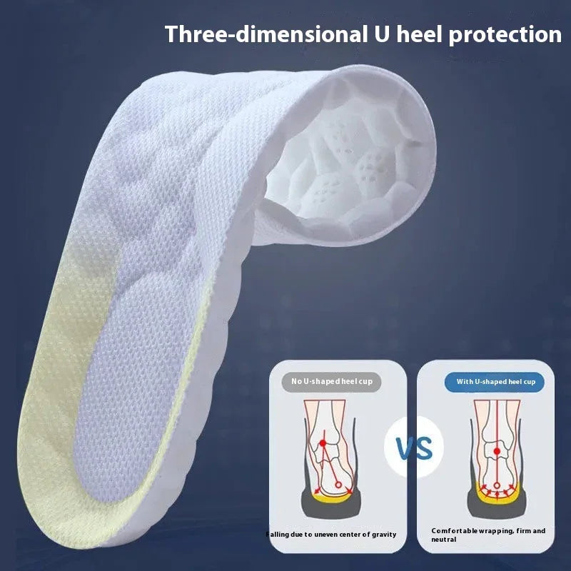 White three-dimensional U-shaped heel protection cushioning insole with side comparison diagram
