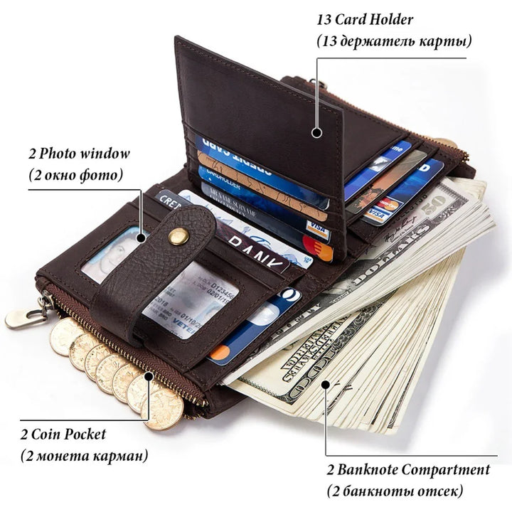 brown leather wallet with 13 card holders, 2 photo windows, 2 coin pockets, and 2 banknote compartments