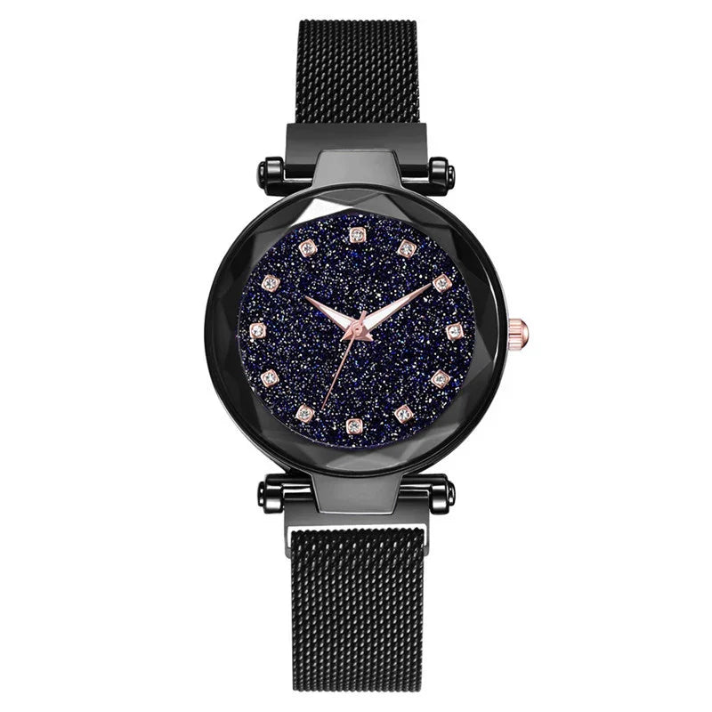Black mesh strap wristwatch with sparkling starry navy dial and rose gold hour markers