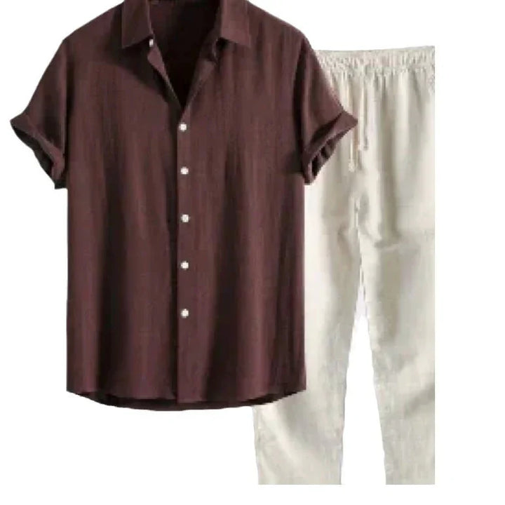 Brown short-sleeve button-up shirt with white pants featuring drawstring waist