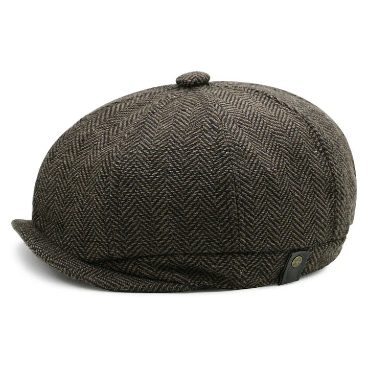 Brown herringbone tweed flat cap with button detail on top, vintage style newsboy hat