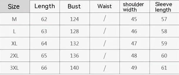 Size chart showing clothing measurements for M to 3XL, including length, bust, shoulder width, and sleeve length