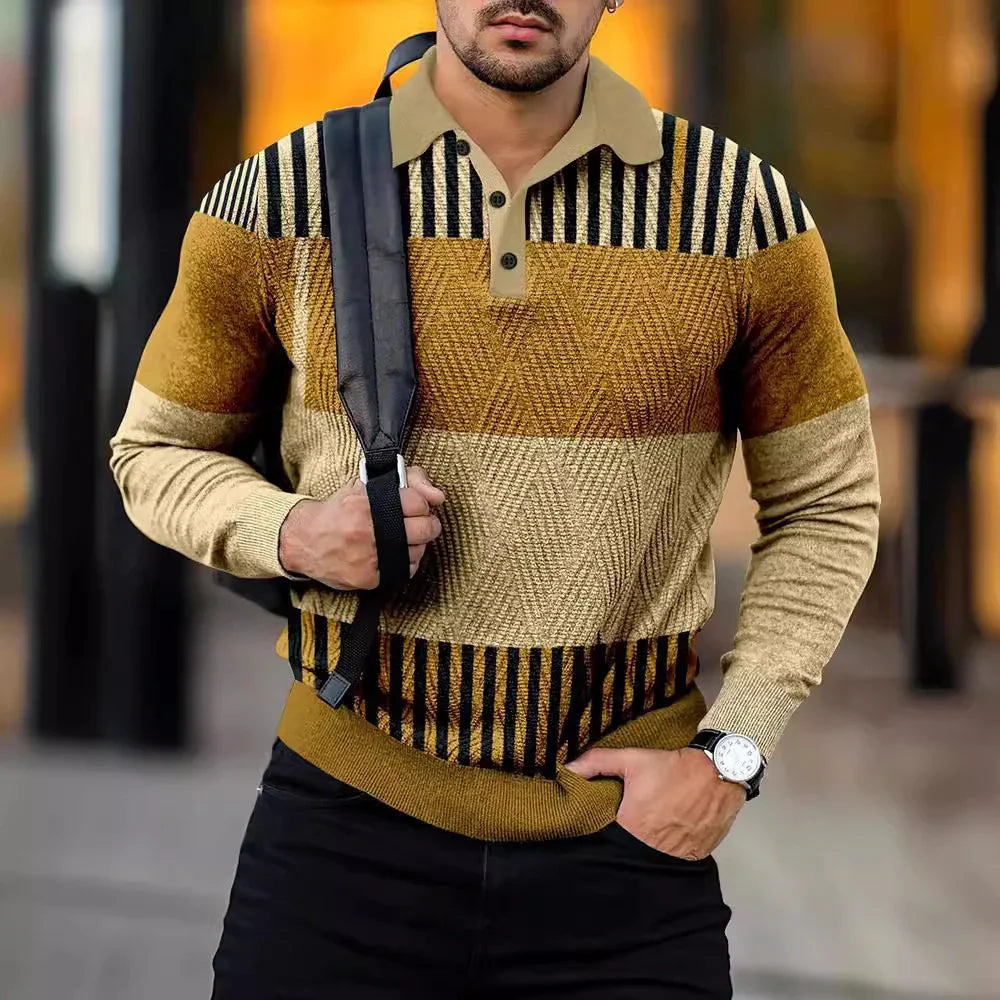 Man wearing stylish long-sleeve polo sweater with geometric and striped pattern in beige and brown