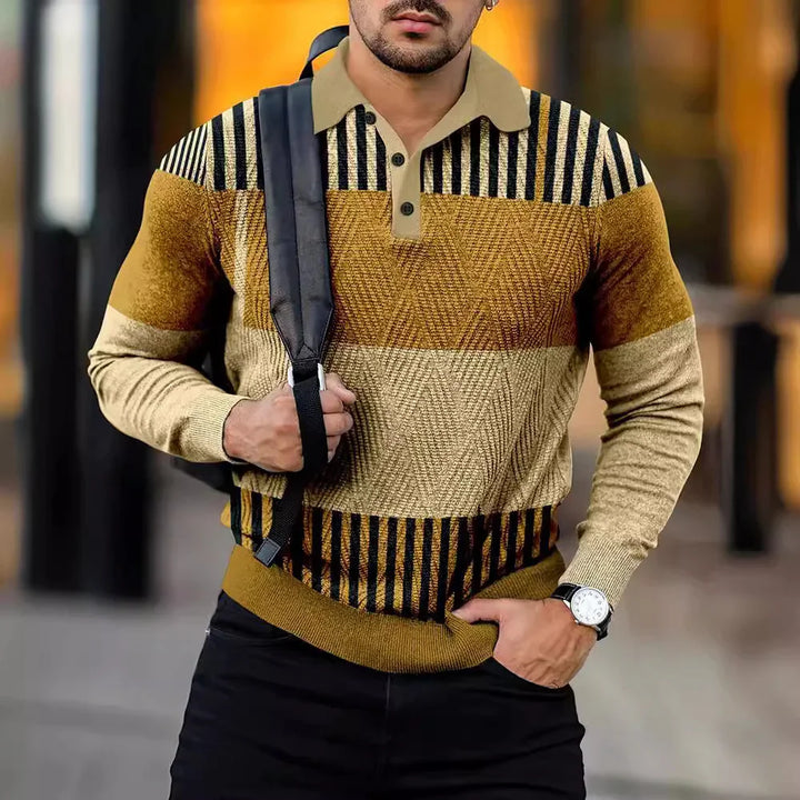 Man wearing stylish long-sleeve polo sweater with geometric and striped pattern in beige and brown
