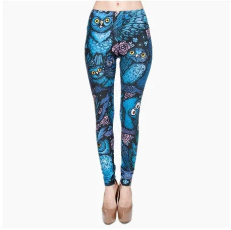 Women's leggings with blue owl and floral print, fitted style on model against white background