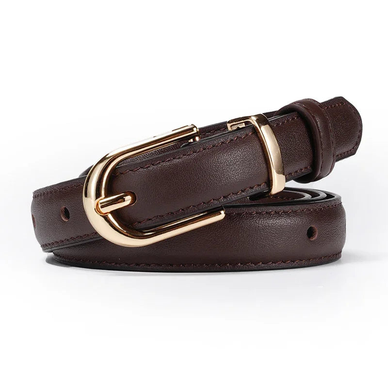 Brown leather belt with shiny gold-tone buckle and stitching detail on white background