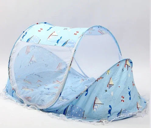 Blue foldable baby mosquito net tent with ocean and sailboat prints