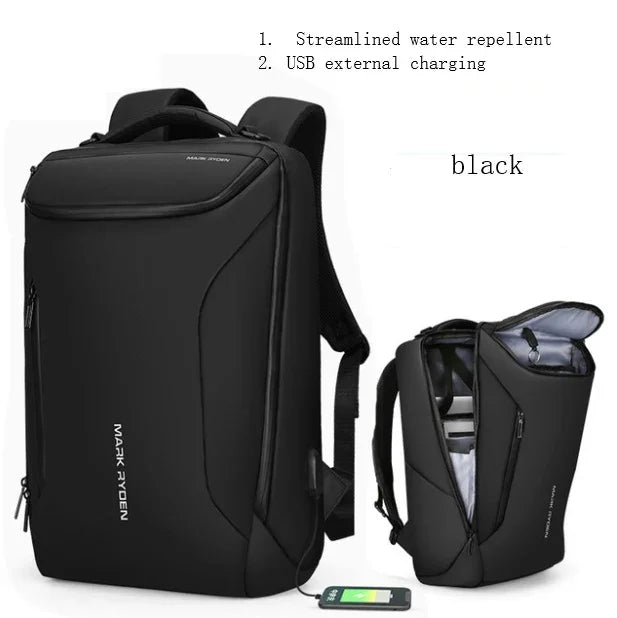Black streamlined water repellent backpack with USB external charging port and multiple compartments
