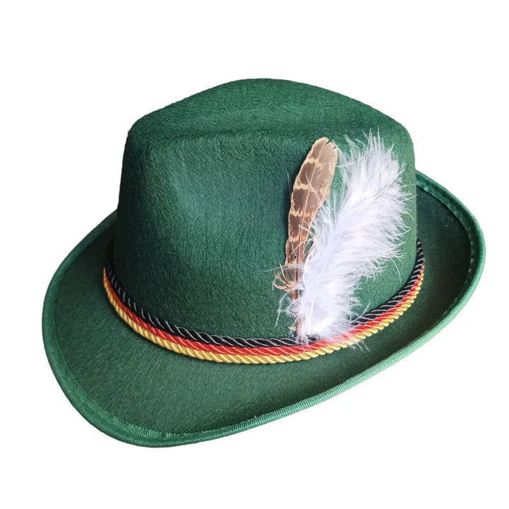 Green traditional alpine hat with black, red, and yellow band and two decorative feathers