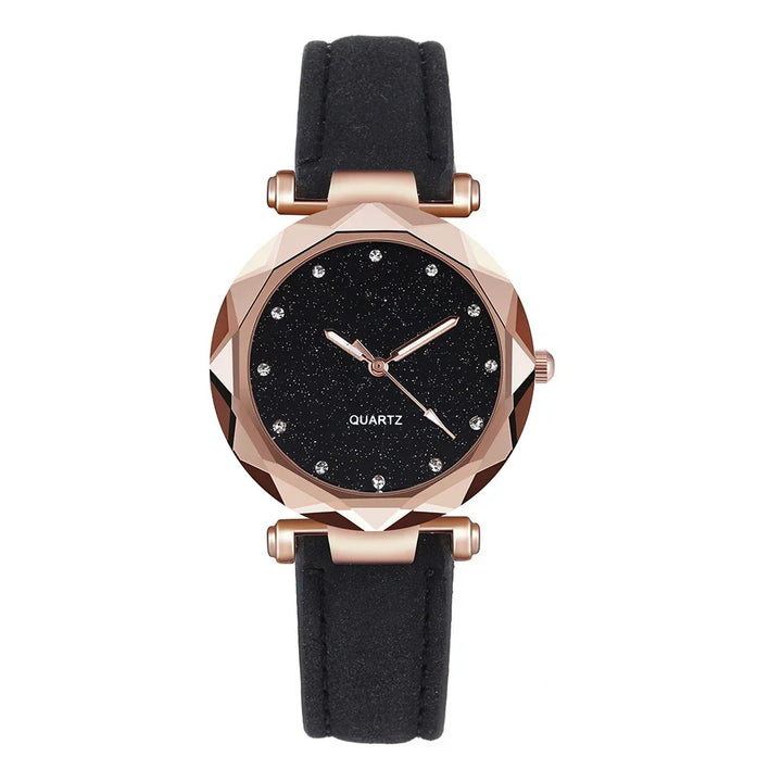 Rose gold faceted bezel quartz watch with black starry dial and black leather strap