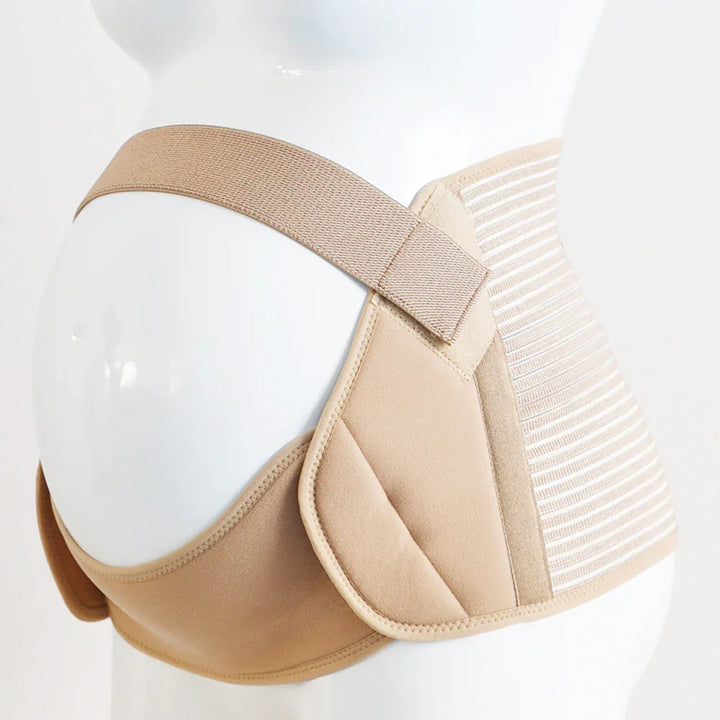Beige maternity support belt with adjustable straps on white mannequin side view
