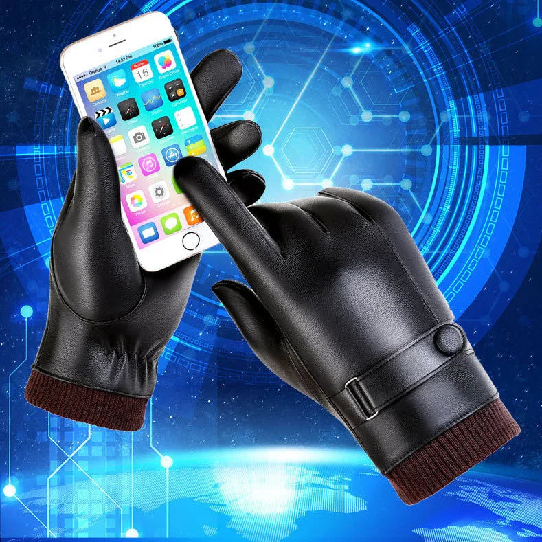 Black leather touchscreen gloves with brown cuffs holding and using a smartphone against a blue digital background