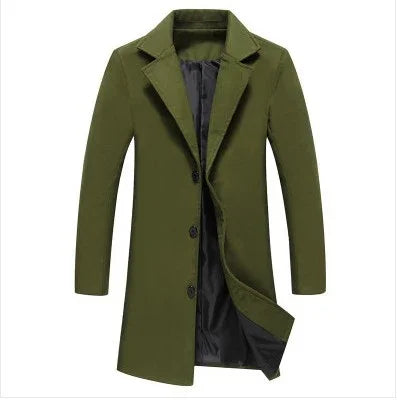 olive green men's trench coat with black inner lining and three front buttons