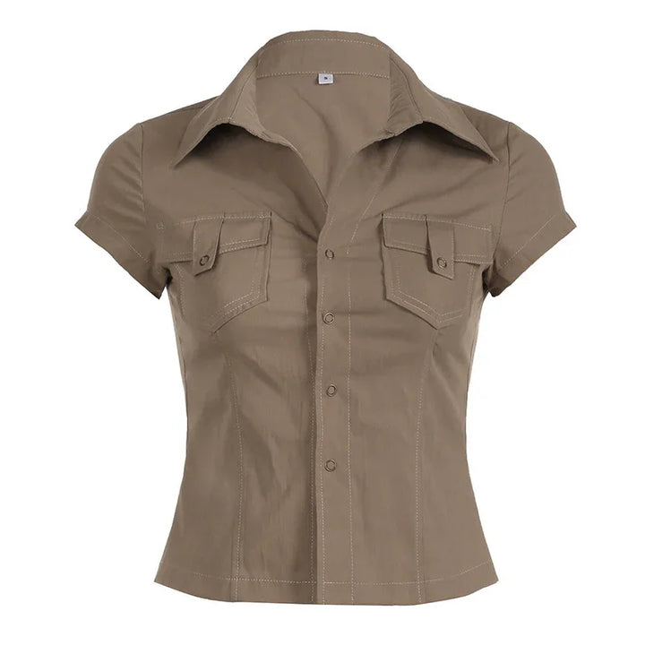 Tan short-sleeve button-up women's shirt with collar and two front flap pockets