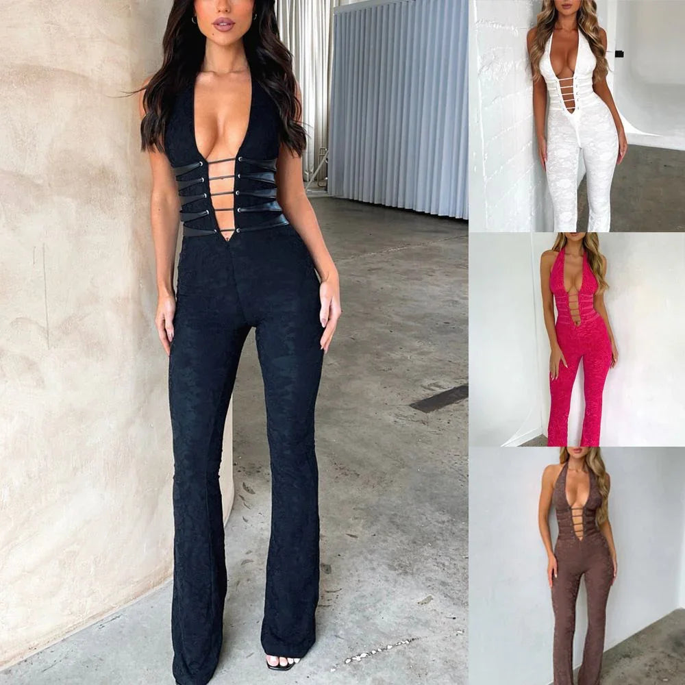 Women modeling halter neck jumpsuits with deep plunging neckline in black, white, pink, and brown colors