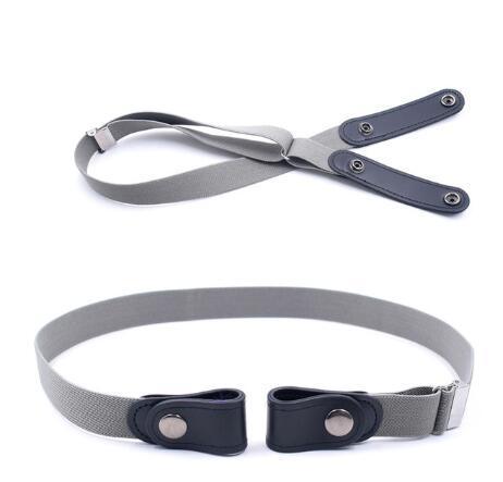 Gray adjustable elastic suspenders with black leather button attachments on white background