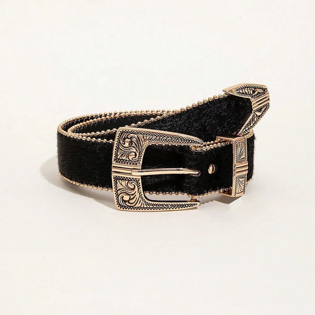 Black leather belt with engraved gold-tone buckle and beaded edges on white background