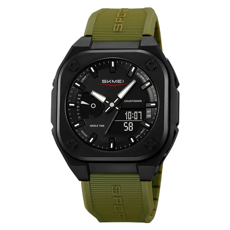 SKMEI sports watch with black square dial, analog-digital display, and green silicone strap