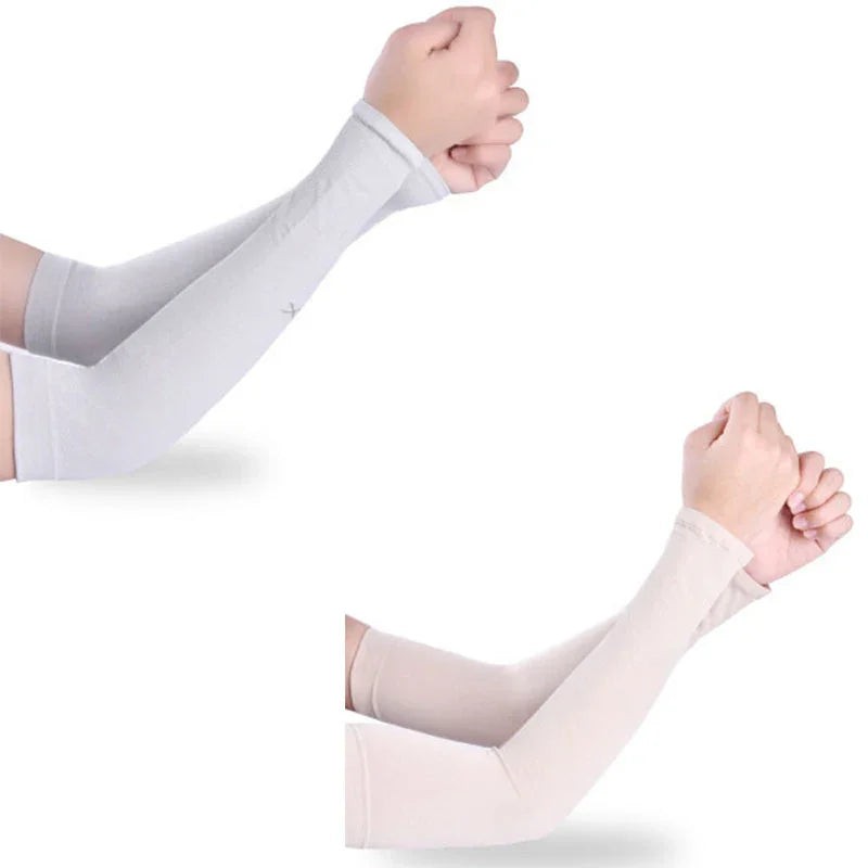 Two pairs of arms wearing breathable UV protection sleeves in gray and beige on a white background