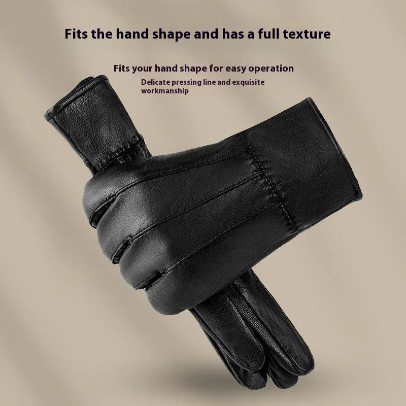 Black leather gloves with detailed stitching, designed to fit hand shape for comfort and texture