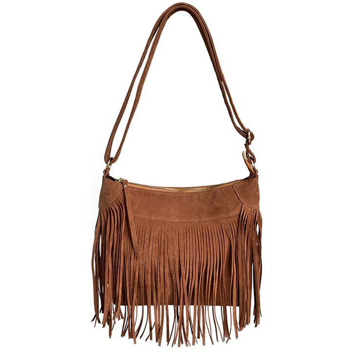 Brown suede crossbody handbag with long fringe detailing and adjustable strap