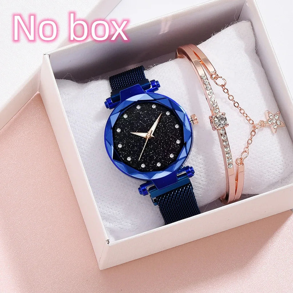 Blue women’s wristwatch with glittery black dial and rose gold bracelet with rhinestones in white gift box