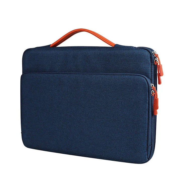Navy blue laptop sleeve with orange handle and dual zipper pockets on white background