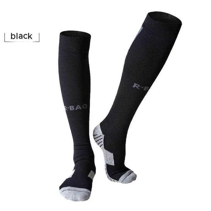 Black knee high compression socks with gray accents and R-BAO logo