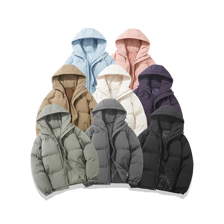 Nine warm hooded puffer jackets in pastel and neutral colors arranged in pyramid on white background